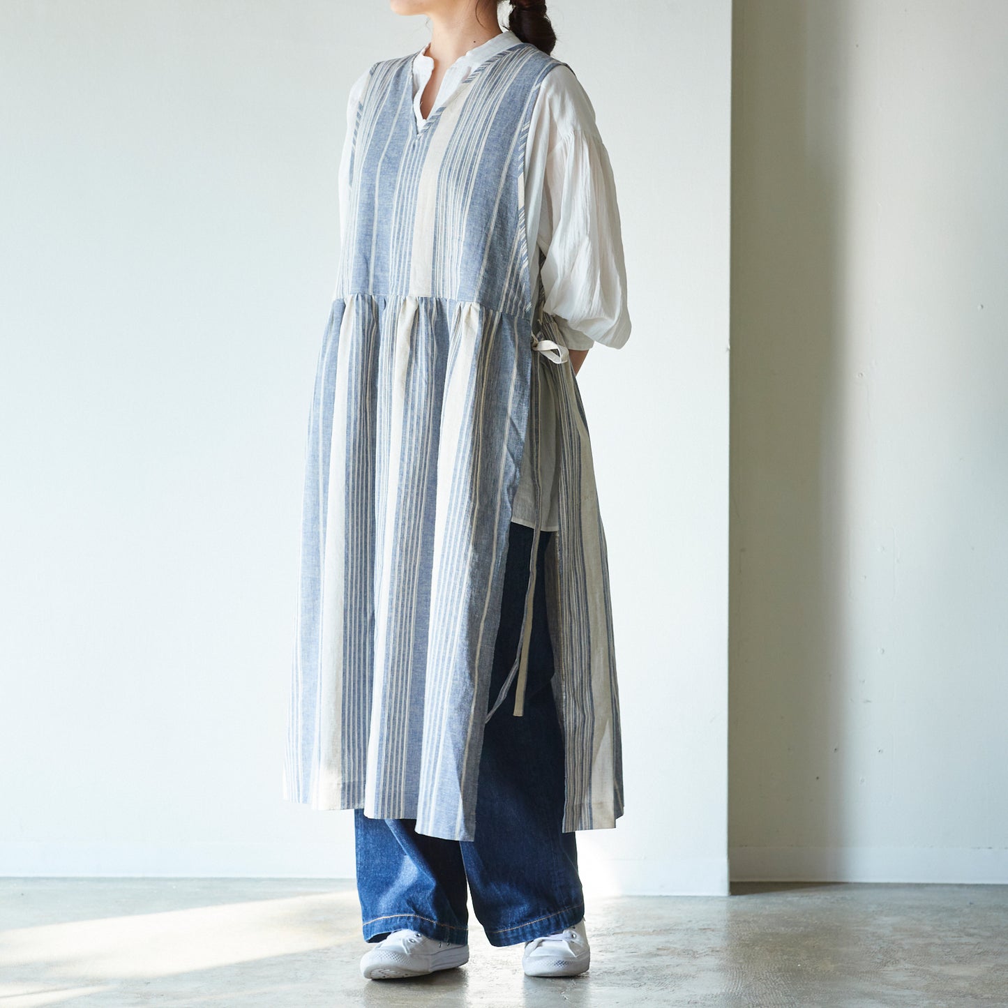 【cocca for】 日に日になじむ、エプロンワンピース "播州織ハーフリネン"