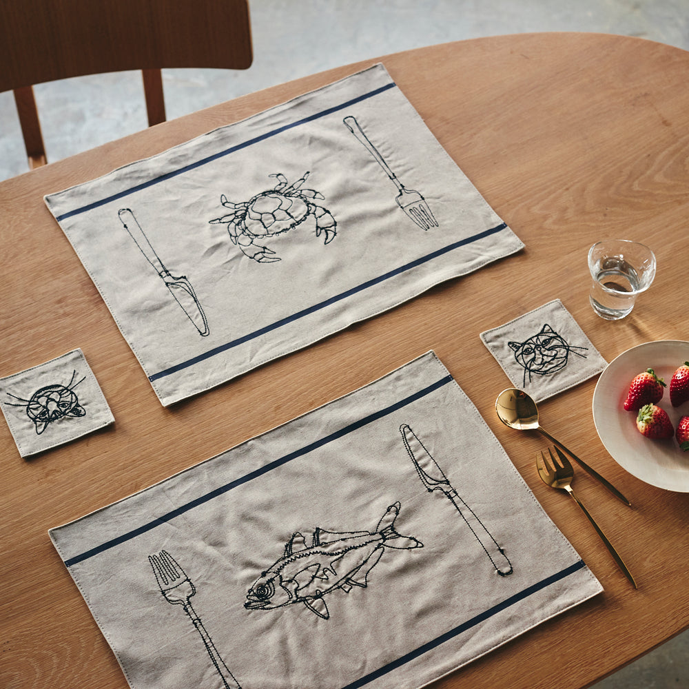 cocca｜+HAyU fabric -kitchen fabrics-コットンリネン-刺繍コースター